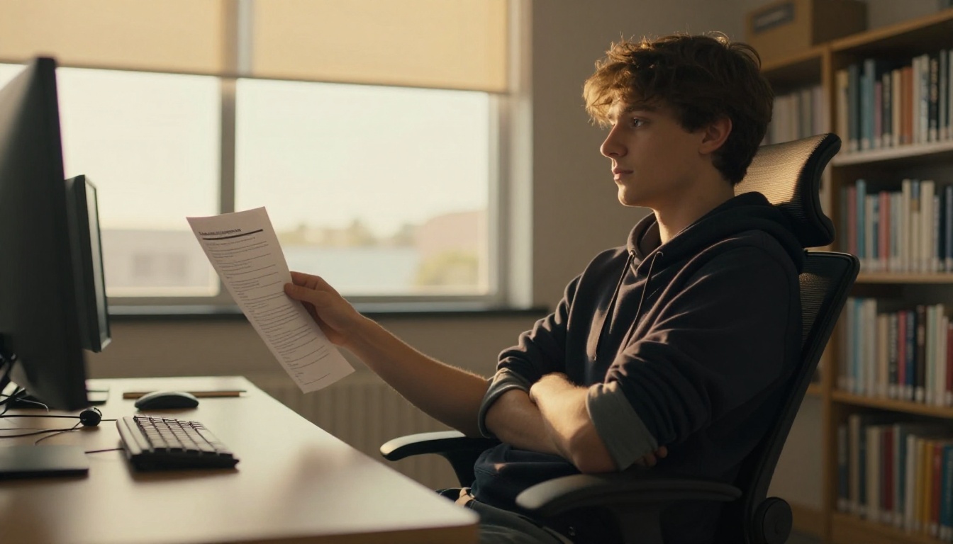Thoughtful developer leaning back in ergonomic chair reviewing printed report with golden afternoon backlight Thoughtful developer leaning back in ergonomic chair reviewing printed report with golden afternoon backlight