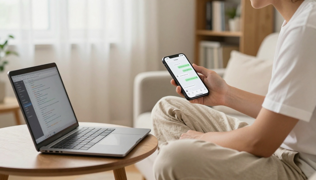 Developer testing mobile app on sofa with laptop nearby