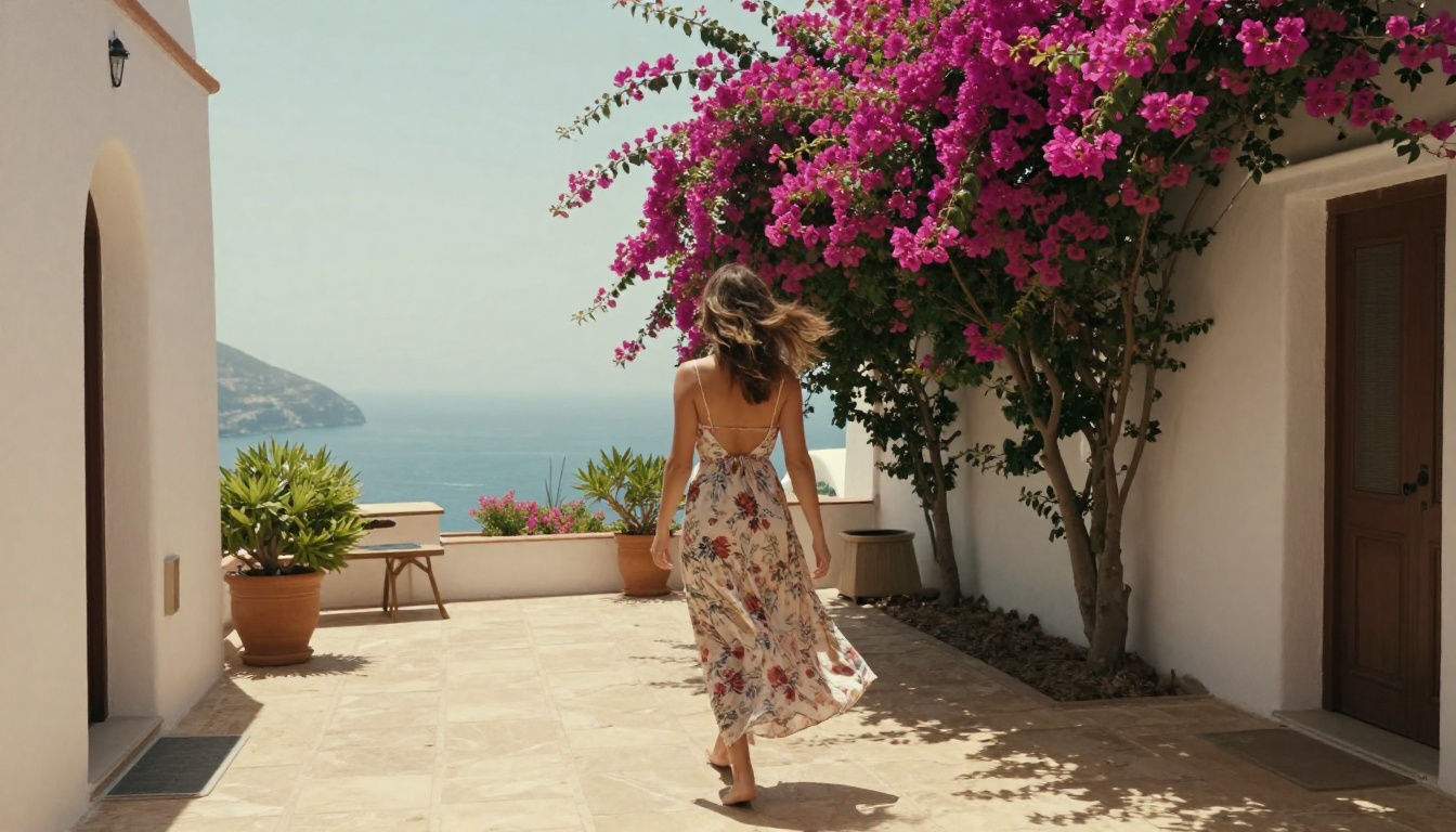 Woman walking through Mediterranean garden