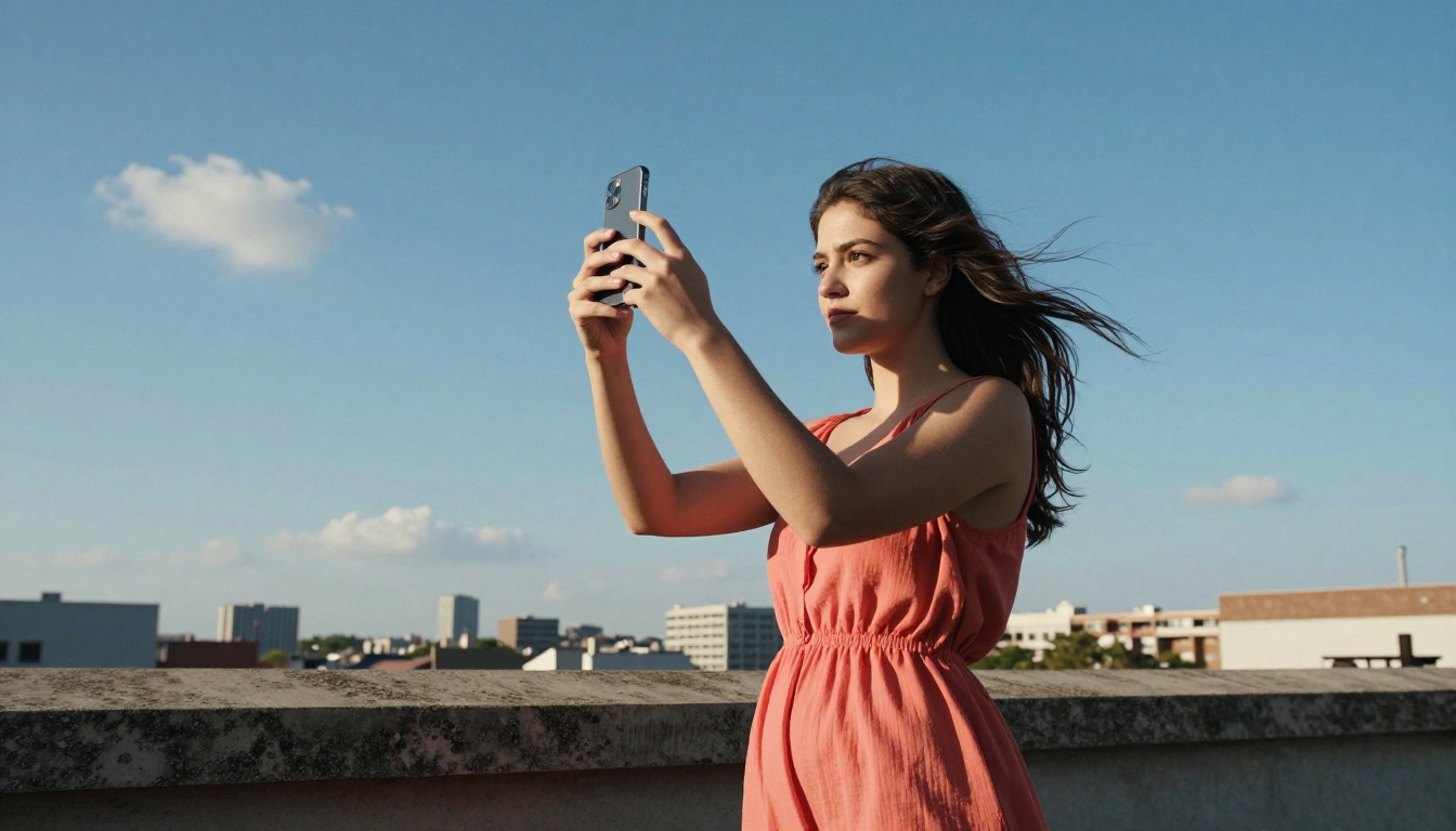 Creator standing on rooftop terrace filming herself with smartphone against blue sky