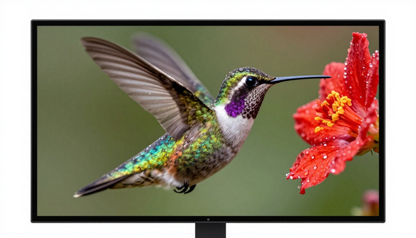 Close-up of a 4K reference monitor displaying an ultra-detailed hummingbird and flower Close-up of a 4K reference monitor displaying an ultra-detailed hummingbird and flower