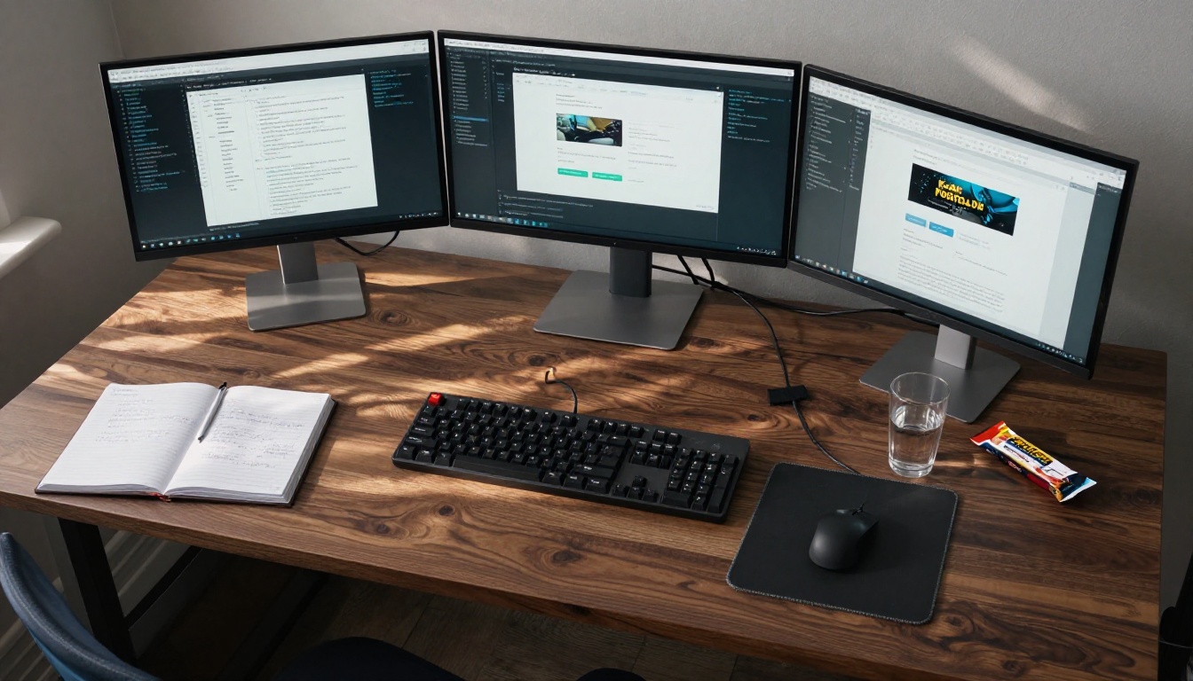 Aerial view of developer desk with three monitors and notebooks