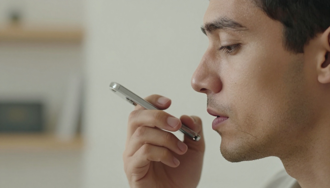 A man in profile holding a smartphone near his mouth for voice input, minimal apartment background