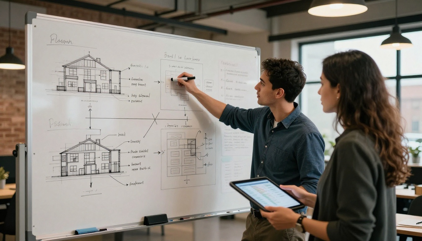 Two professional developers standing in front of a whiteboard covered in architectural diagrams Two professional developers standing in front of a whiteboard covered in architectural diagrams