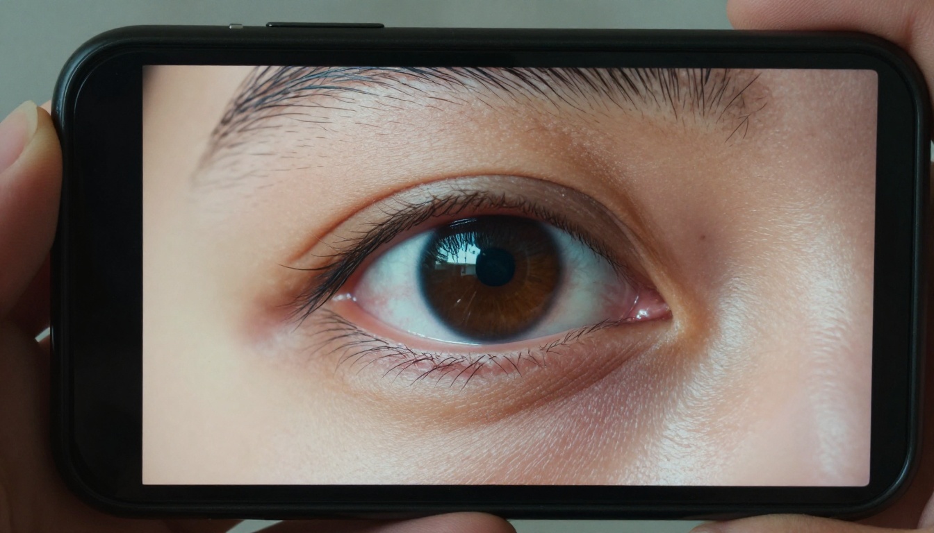 Close-up of a person's eye reflected in a glowing smartphone TikTok interface