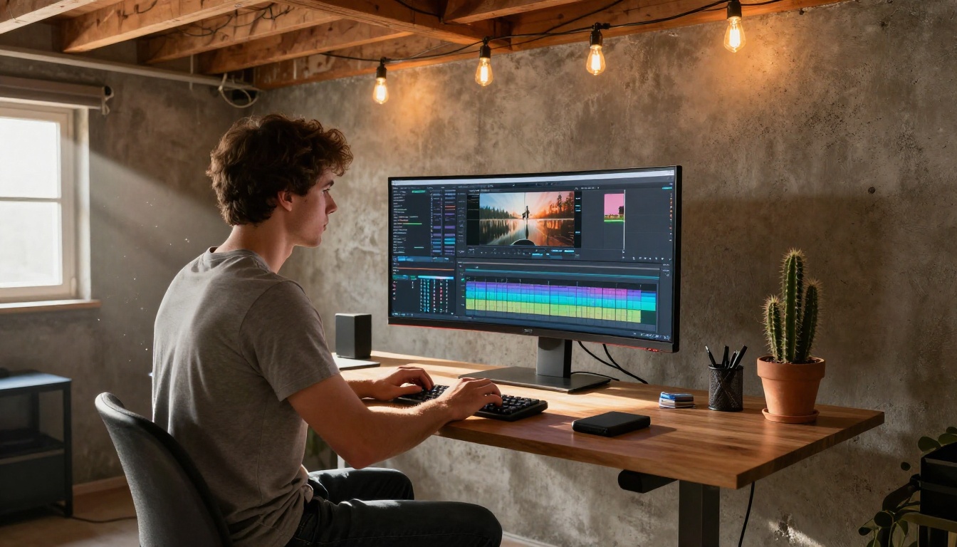 Young video editor working on a complex timeline in a converted garage studio Young video editor working on a complex timeline in a converted garage studio