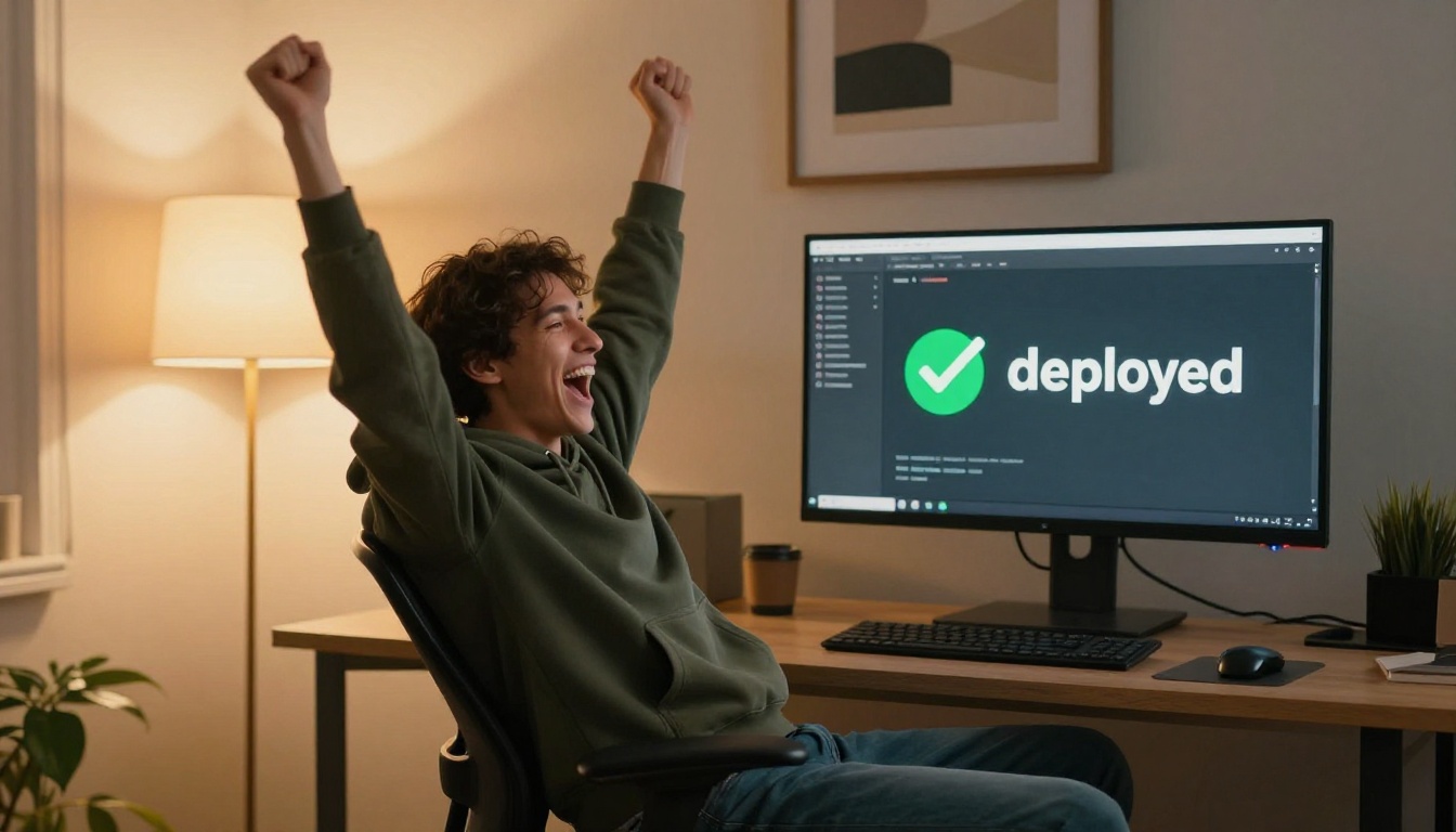 Developer celebrating with arms raised after successful deployment