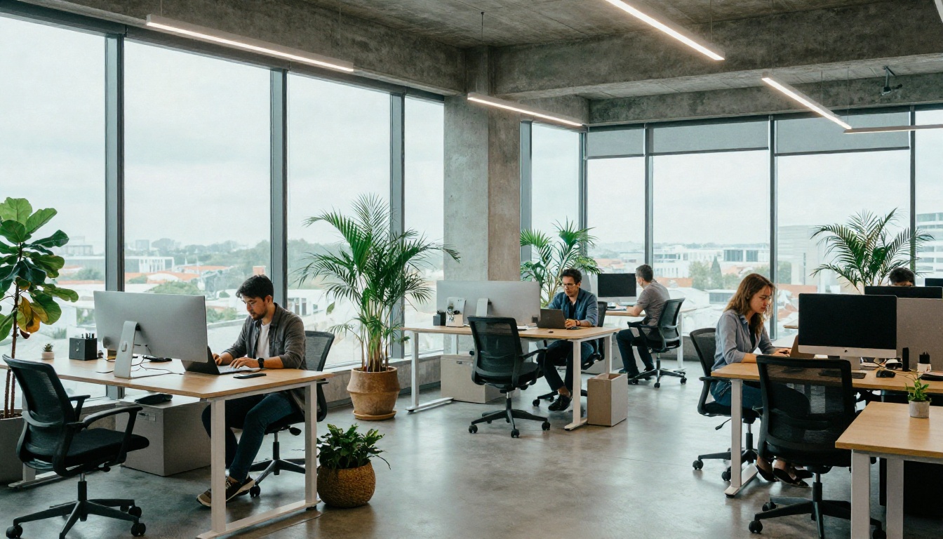 Wide interior shot of a contemporary open-plan office with natural daylight and standing desks