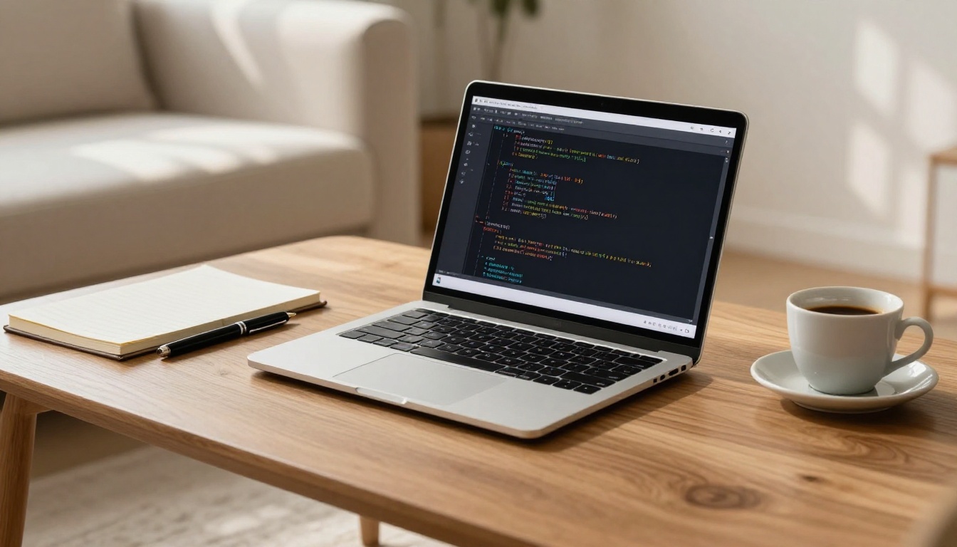 Laptop on minimalist coffee table showing terminal interface with code output, espresso cup alongside Laptop on minimalist coffee table showing terminal interface with code output, espresso cup alongside