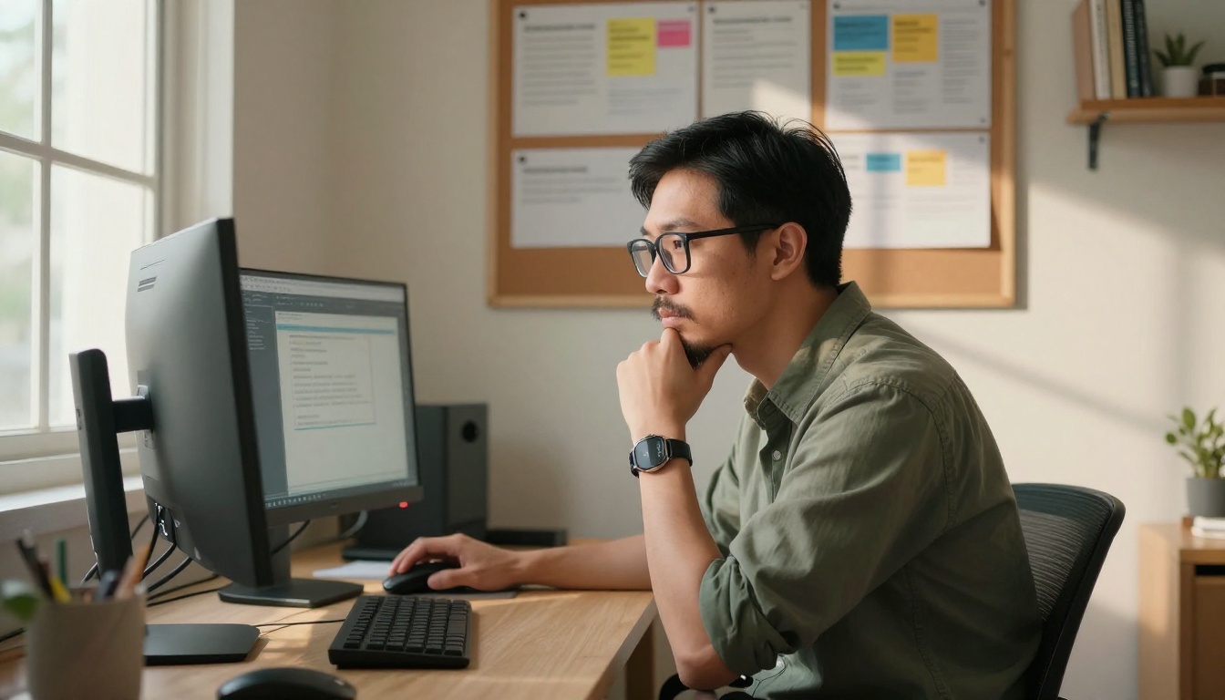 Focused Asian male developer with glasses at dual monitor setup, thoughtful expression, warm afternoon light Focused Asian male developer with glasses at dual monitor setup, thoughtful expression, warm afternoon light