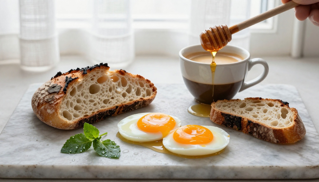 Gourmet breakfast flat-lay honey drip egg yolk marble surface food photography Gourmet breakfast flat-lay honey drip egg yolk marble surface food photography