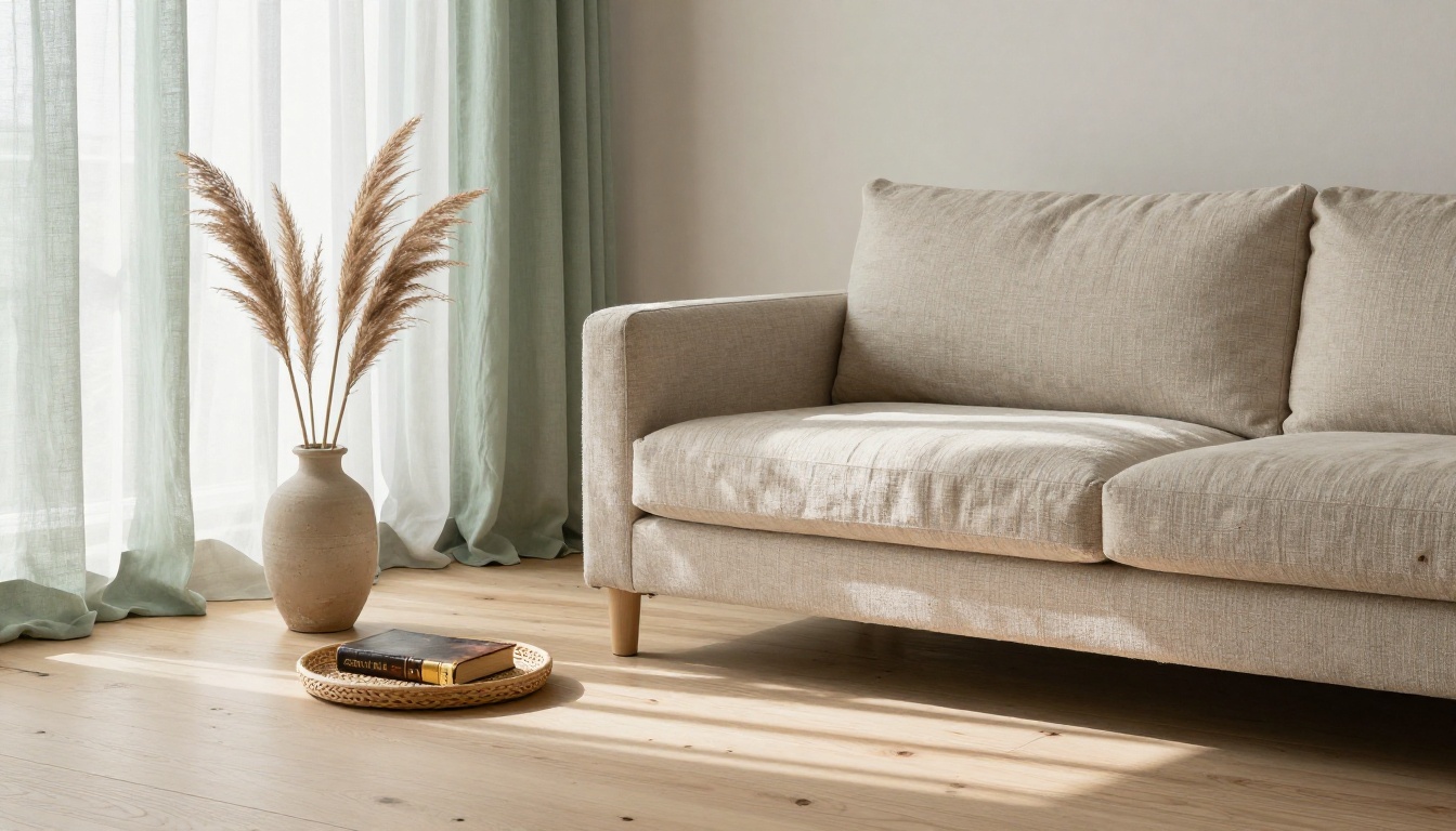 Scandinavian living room linen sofa pampas grass morning soft north window Scandinavian living room linen sofa pampas grass morning soft north window