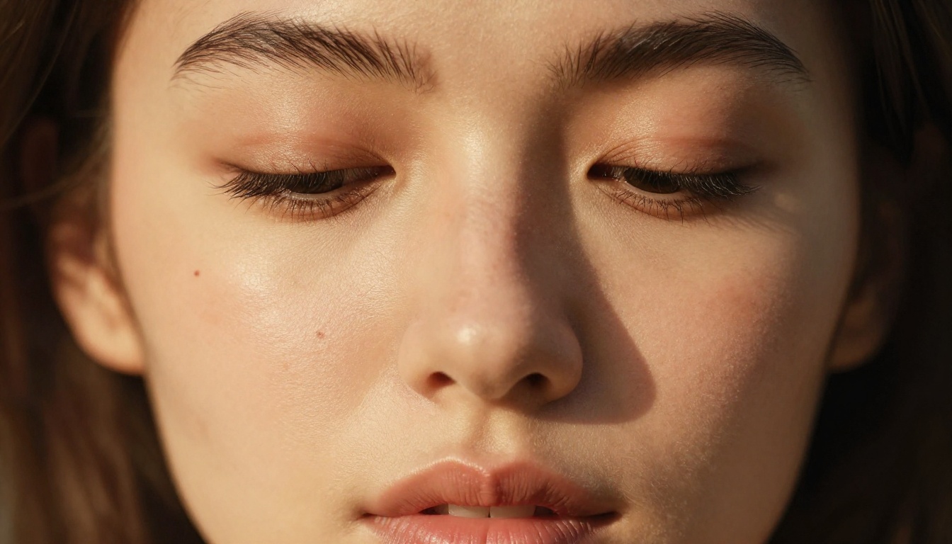 Extreme close-up beauty portrait, 135mm f/2.0, warm amber chiaroscuro lighting, Kodak Portra 400