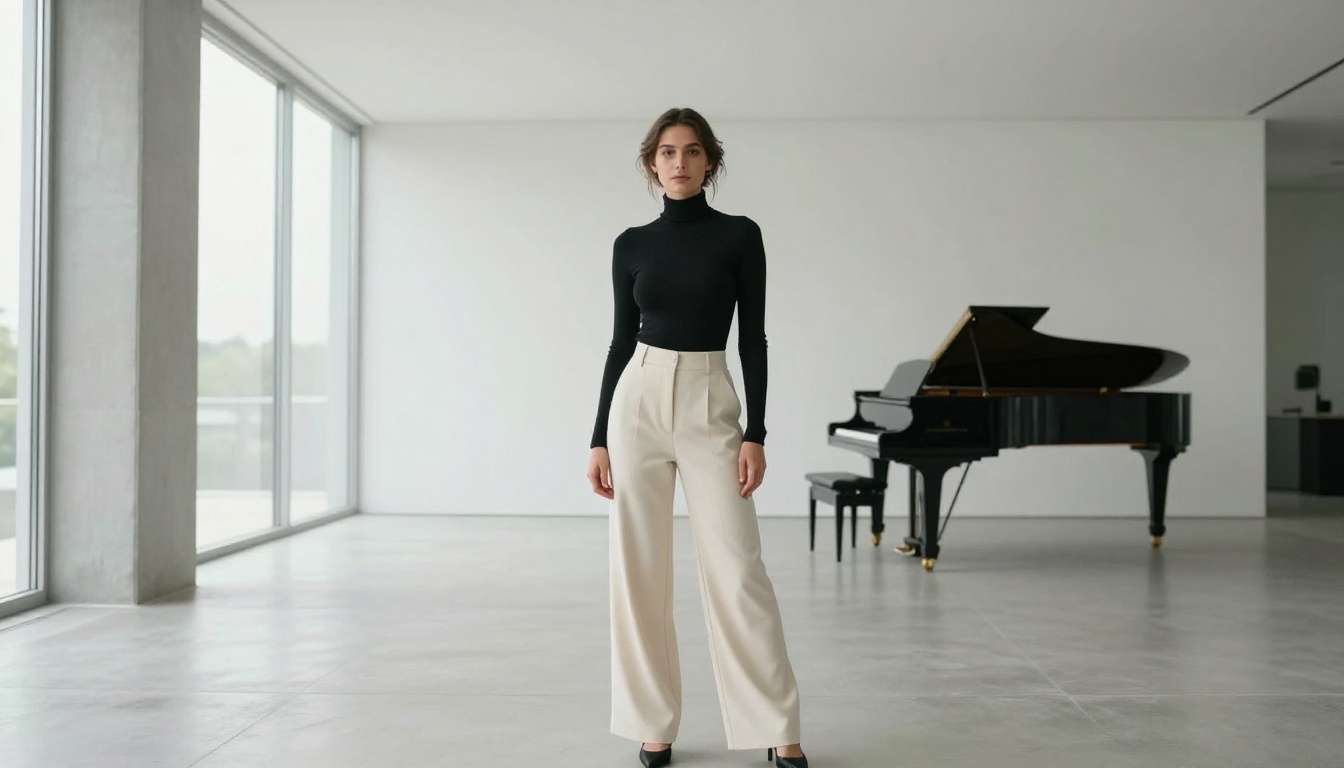 A confident woman in a minimalist modern apartment, natural window light, architectural aesthetic