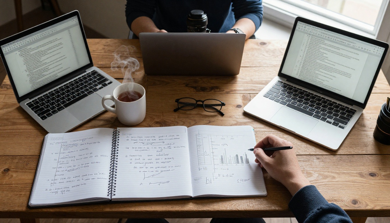 Aerial view of researcher desk with notebooks and laptops
