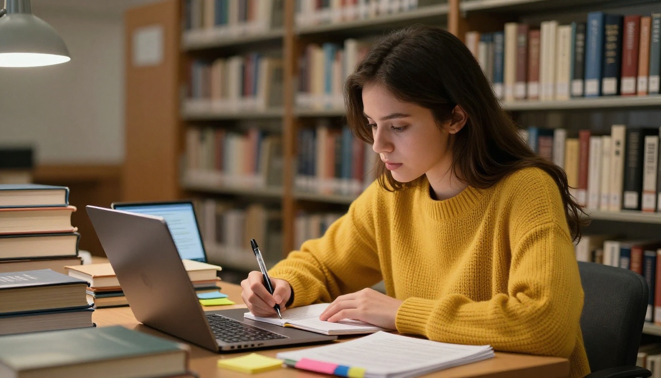 Student in library writing notes with AI assistance