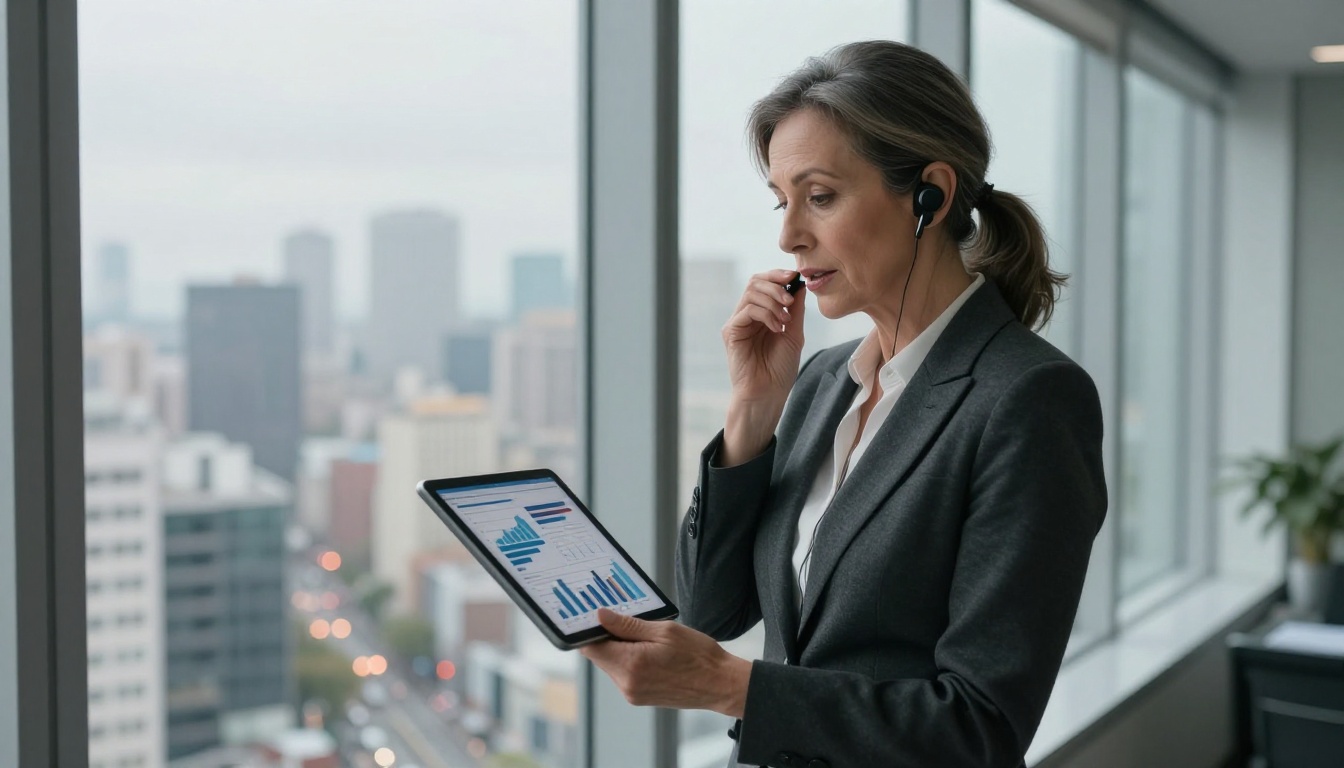 Business executive woman at high-rise window with analytics tablet