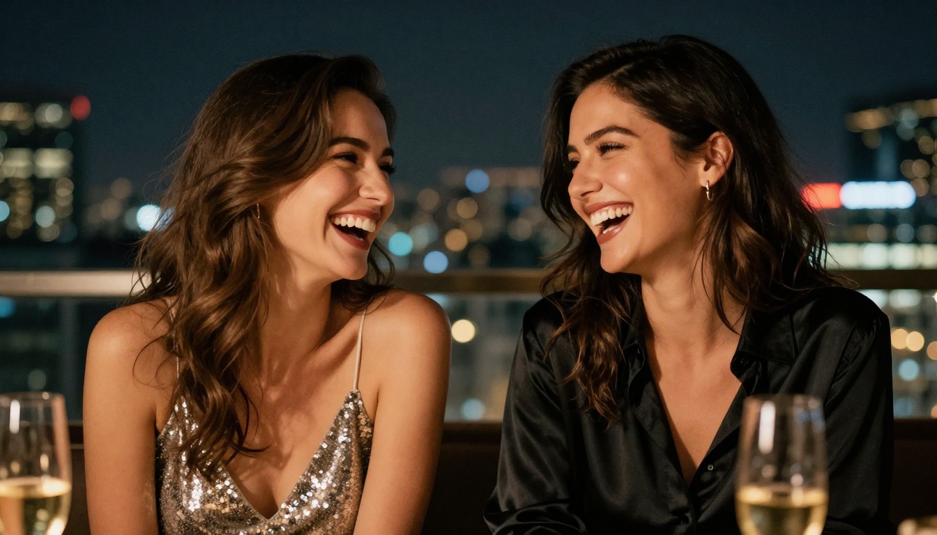 Two stylish women laughing together on rooftop bar at night, city bokeh lights, champagne glasses Two stylish women laughing together on rooftop bar at night, city bokeh lights, champagne glasses