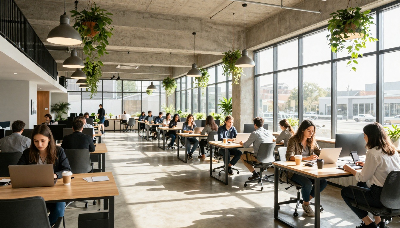 Modern co-working space with professionals using AI tools