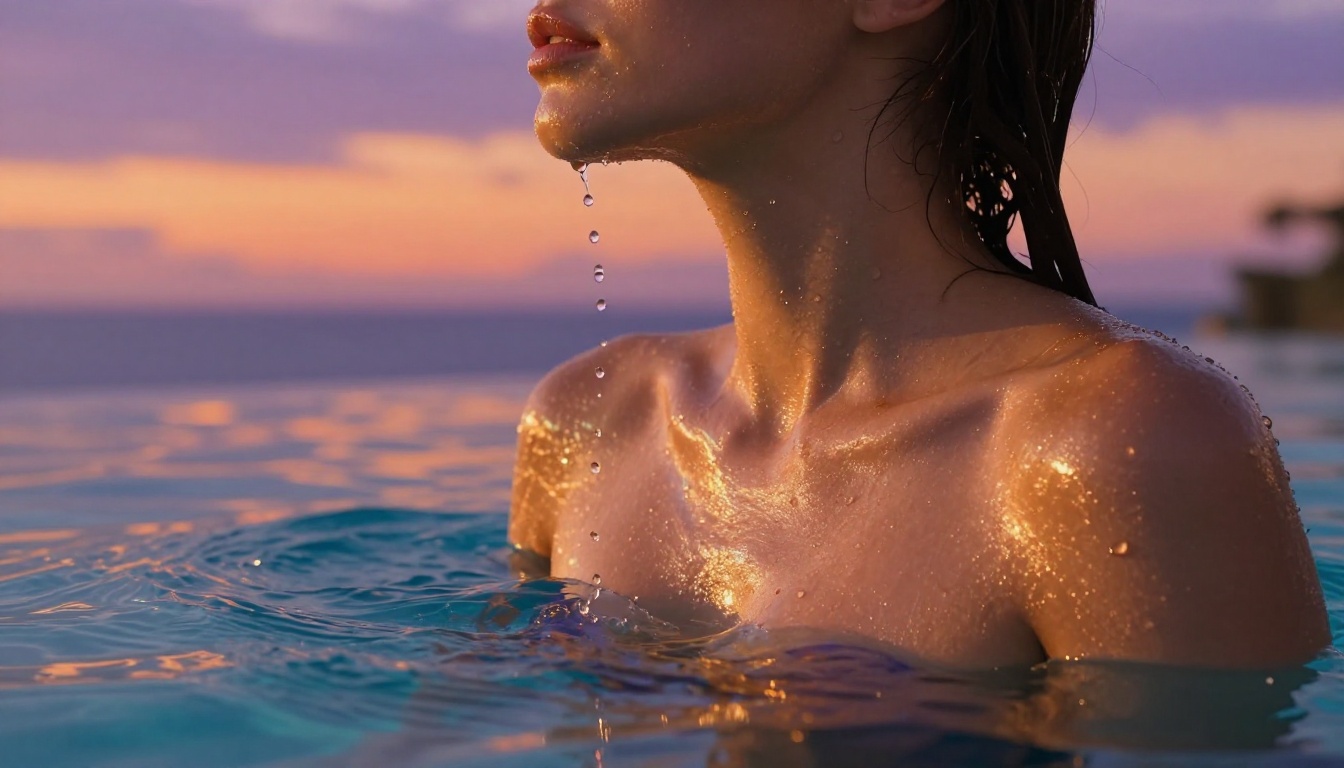 Woman emerging from luxury infinity pool at sunset, water droplets on skin, caustic light patterns Woman emerging from luxury infinity pool at sunset, water droplets on skin, caustic light patterns