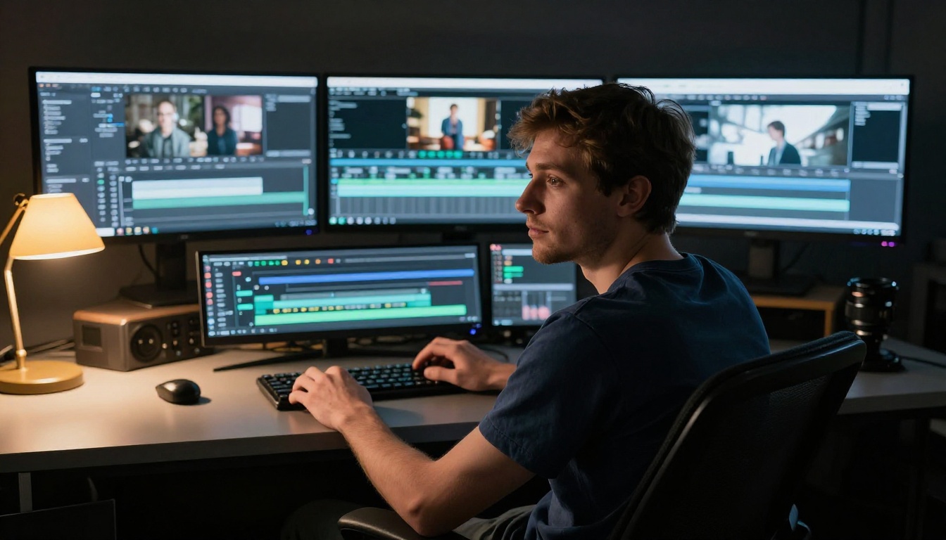 Young male filmmaker at professional edit bay with multiple monitors showing video timeline