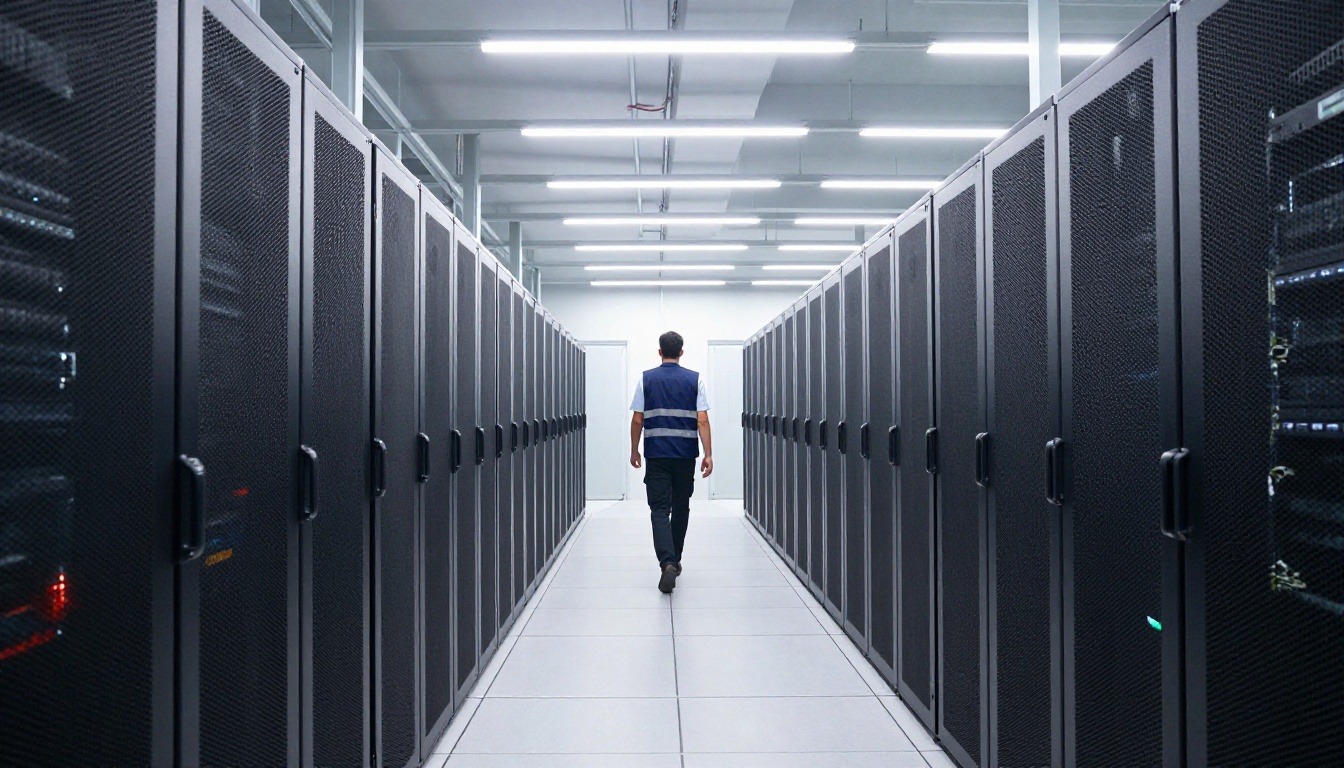 Modern data center corridor with server racks, technician walking away providing scale Modern data center corridor with server racks, technician walking away providing scale