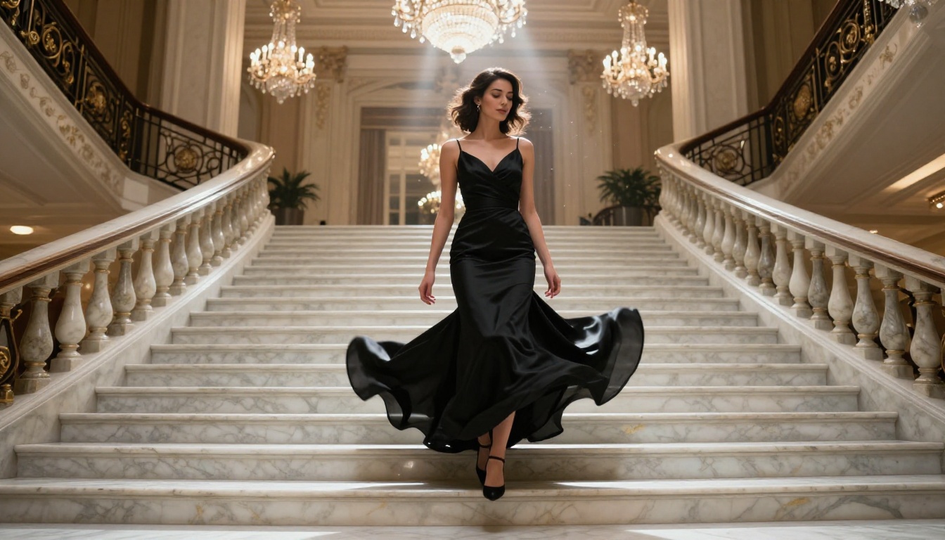 Woman in black evening gown ascending grand marble staircase, chandelier light, dramatic perspective photography Woman in black evening gown ascending grand marble staircase, chandelier light, dramatic perspective photography