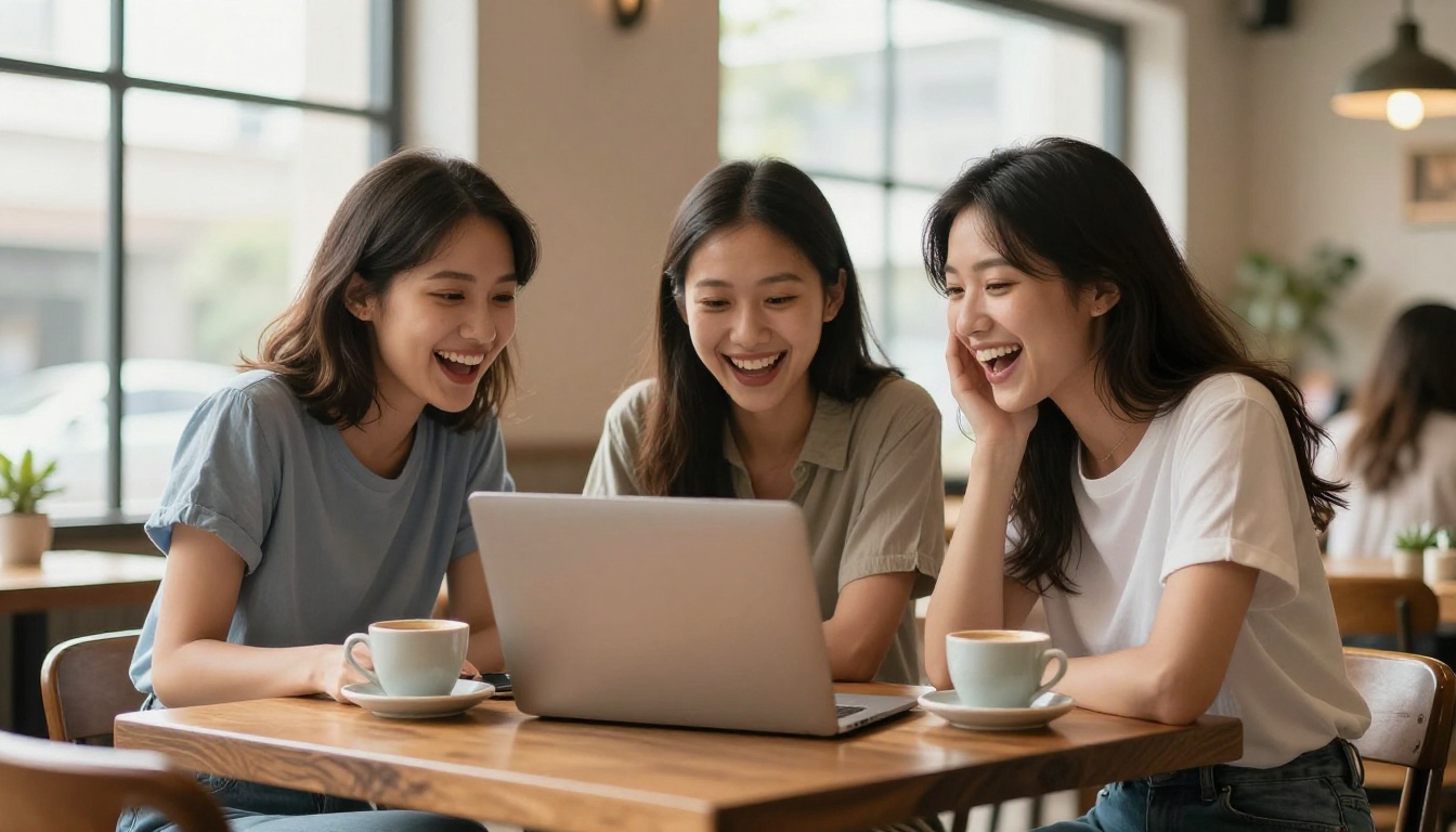 Three young women sharing laptop at cafe reacting to viral video content