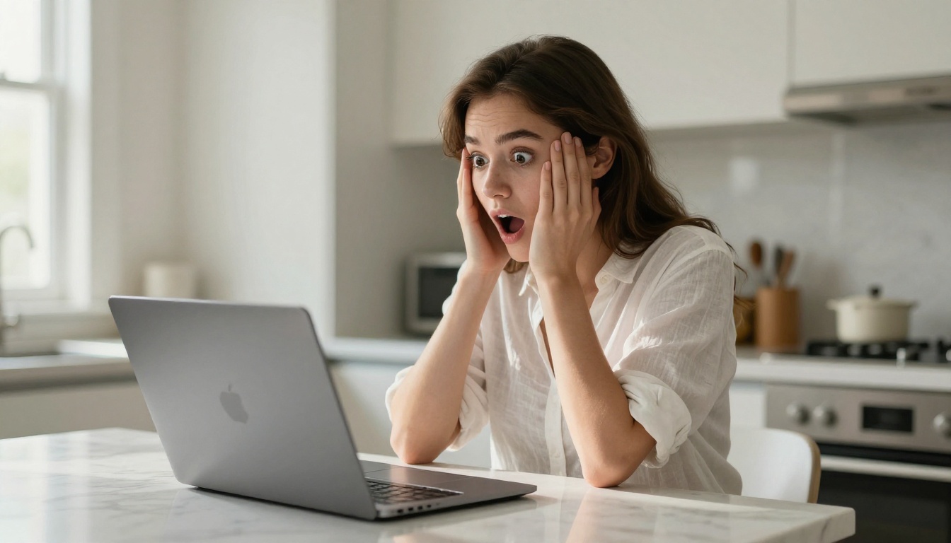 Young woman surprised by AI output on MacBook, hand covering mouth, morning kitchen light Young woman surprised by AI output on MacBook, hand covering mouth, morning kitchen light