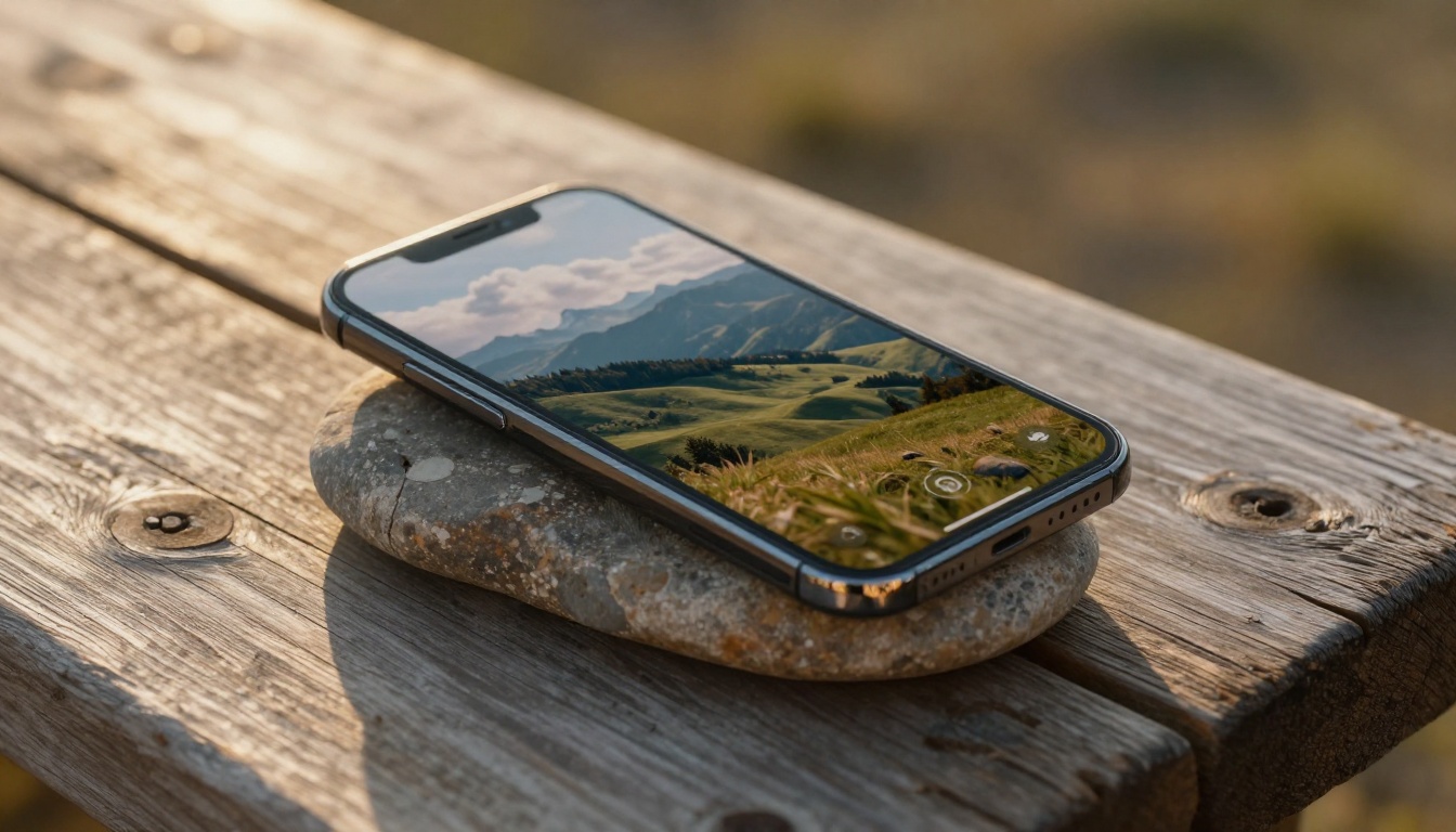 Smartphone propped on bench showing mountain video with real landscape visible in background