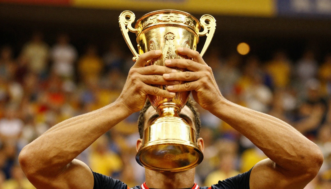 Male athlete's hands gripping a gold trophy, low-angle stadium lighting, warm amber tones Male athlete's hands gripping a gold trophy, low-angle stadium lighting, warm amber tones
