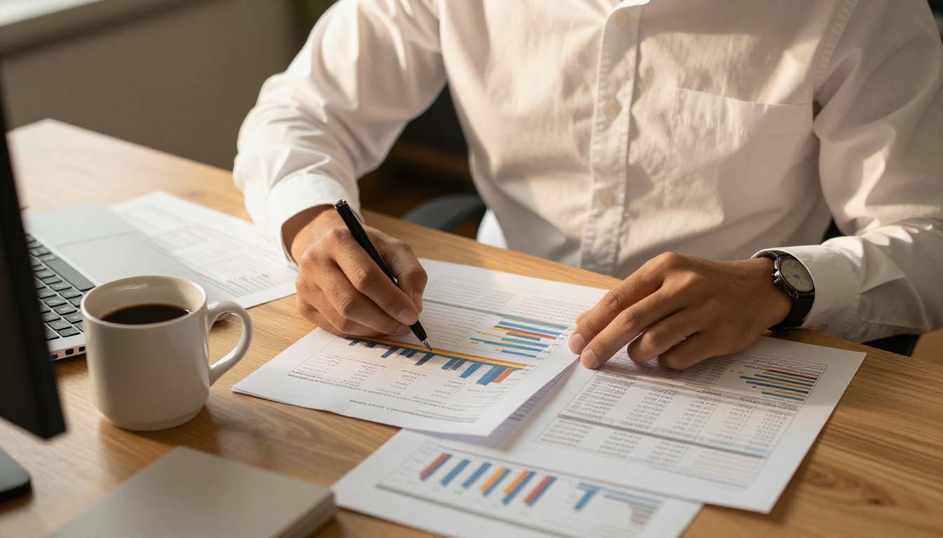 Professional man reviewing printed AI benchmark charts at a wooden office desk, morning light Professional man reviewing printed AI benchmark charts at a wooden office desk, morning light