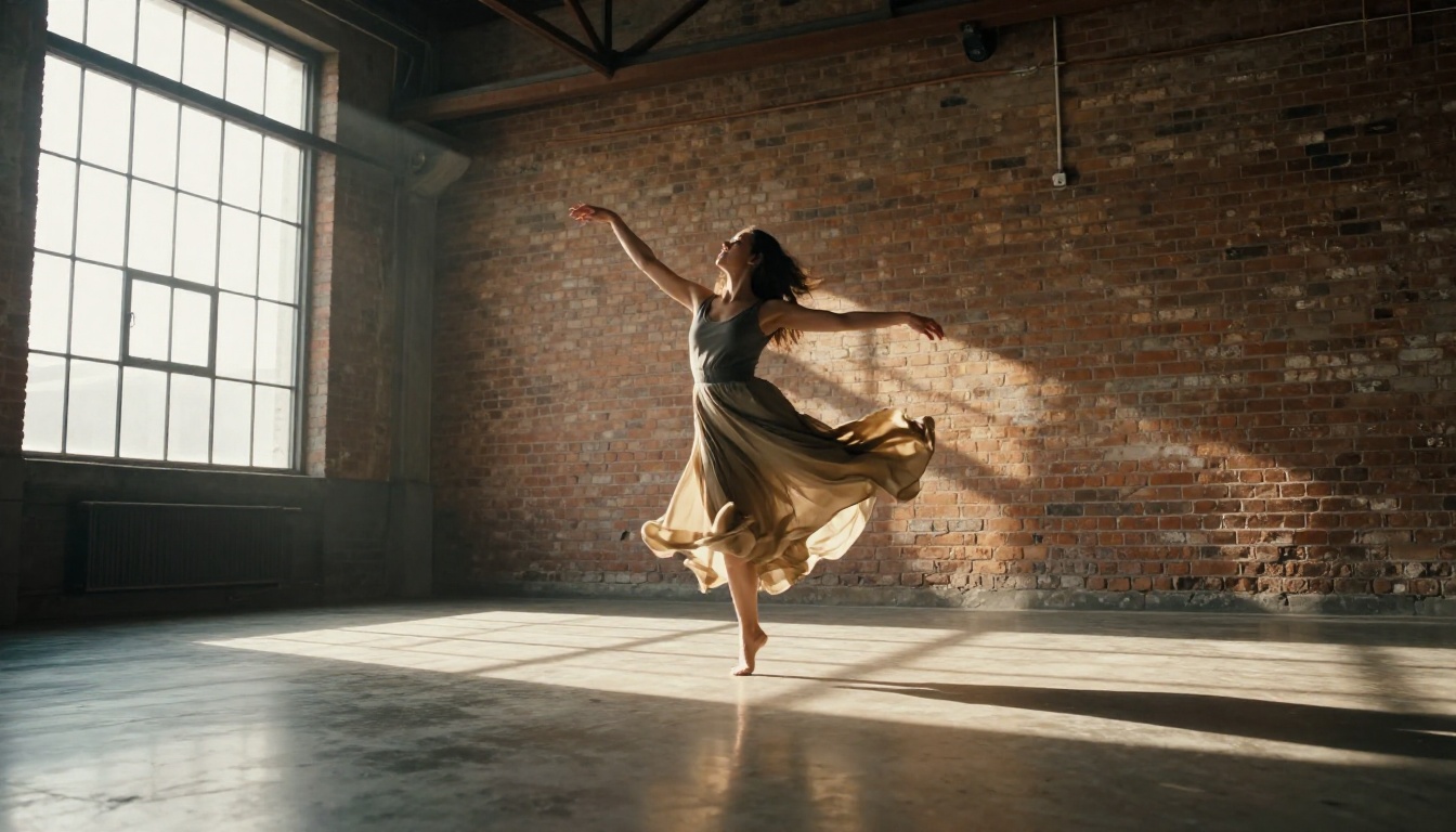 Woman dancing in industrial warehouse with golden shafts of afternoon light