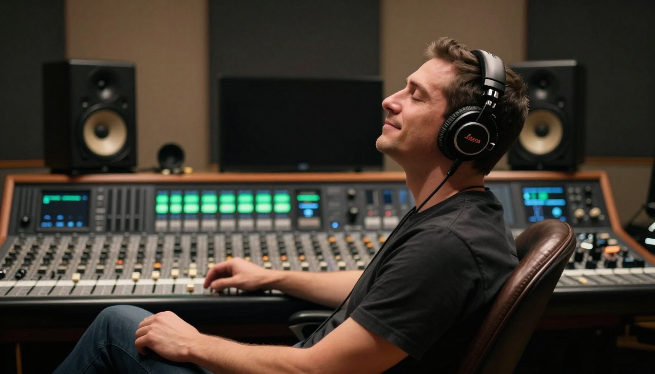 Man with headphones listening to playback in professional recording studio
