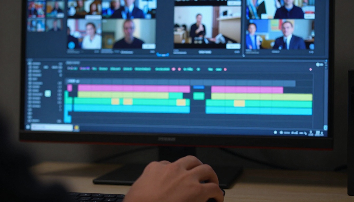 Hand on mouse editing video timeline on monitor at night