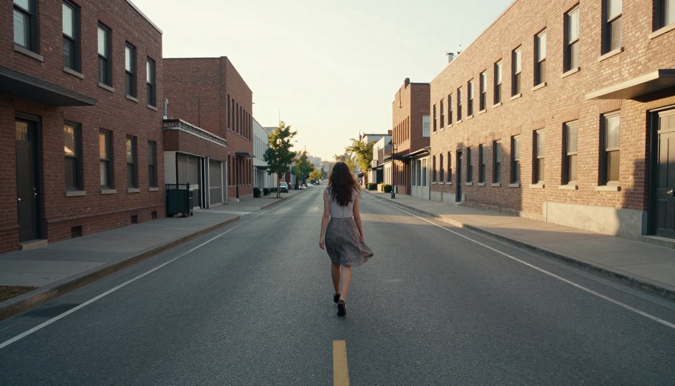 Young woman walking alone down an empty cinematic urban street at golden hour