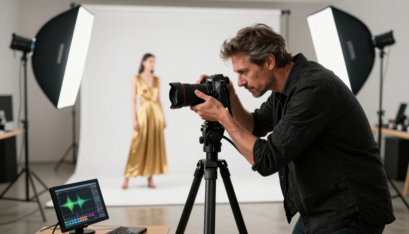 Professional fashion photographer at work in studio, octabox softboxes, carbon fiber tripod Professional fashion photographer at work in studio, octabox softboxes, carbon fiber tripod