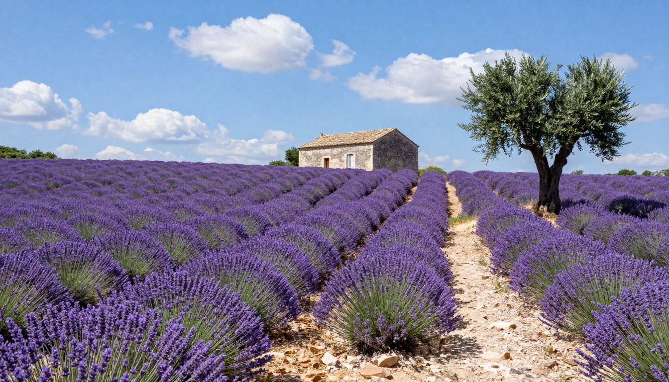 Rolling lavender fields in Provence with winding stone path and rustic limestone farmhouse