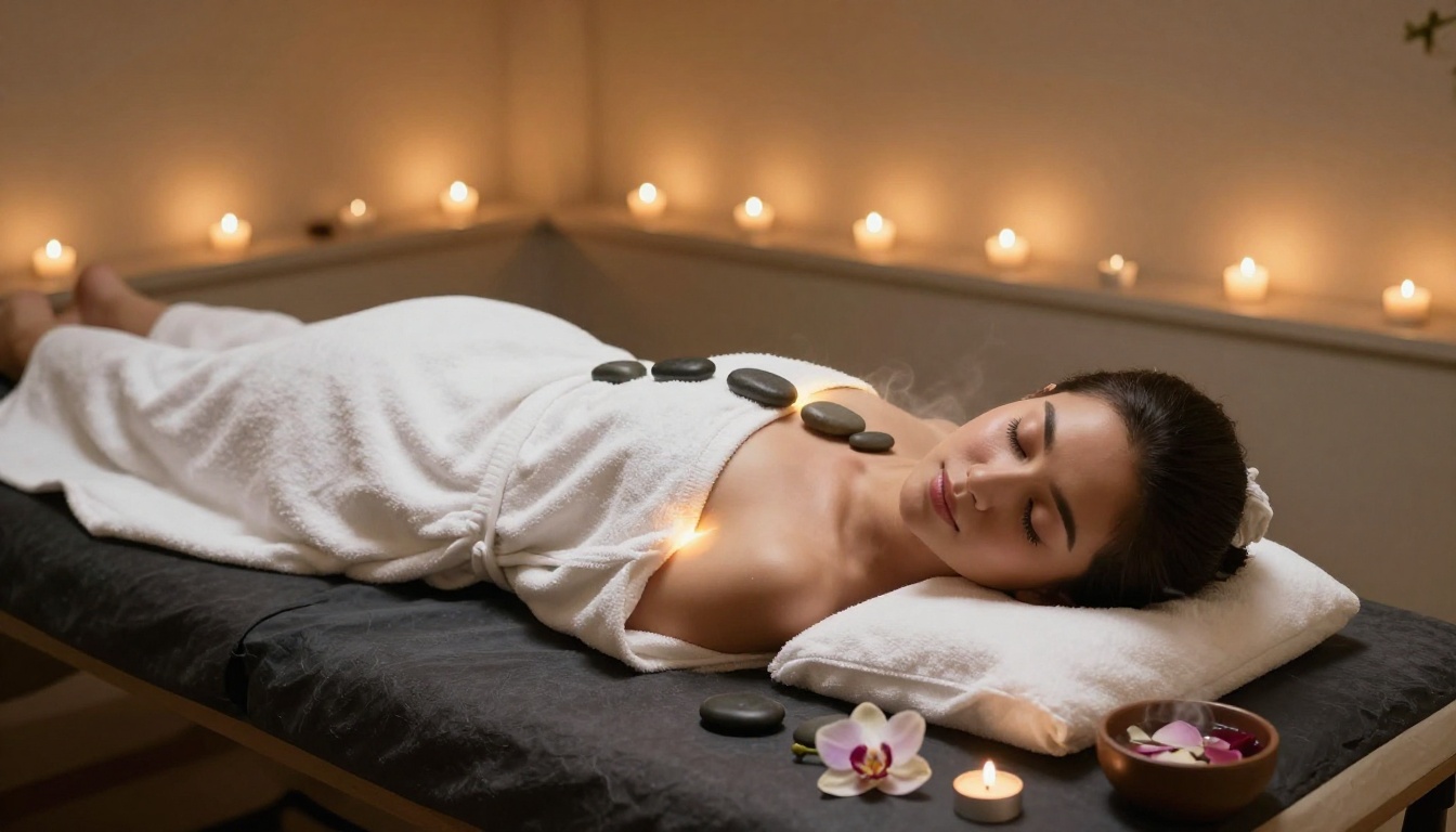 Luxury spa scene, woman with hot stones on shoulders, amber candlelight, peaceful expression Luxury spa scene, woman with hot stones on shoulders, amber candlelight, peaceful expression