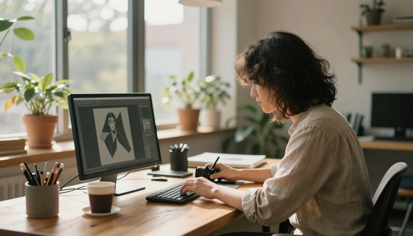 Creative professional at sunlit studio desk with warm afternoon light pouring through floor-to-ceiling windows
