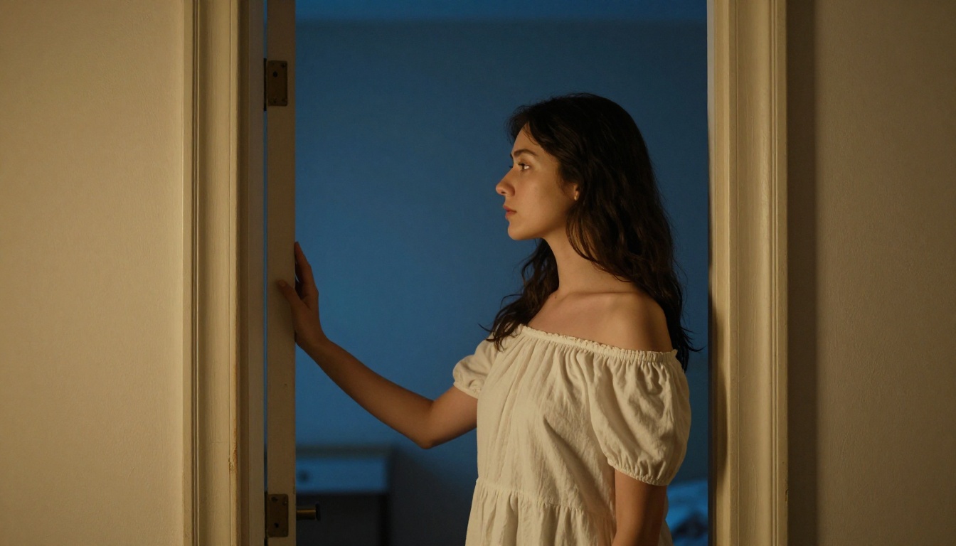 Artistic doorway portrait, chiaroscuro split-tone lighting, off-shoulder cotton dress Artistic doorway portrait, chiaroscuro split-tone lighting, off-shoulder cotton dress