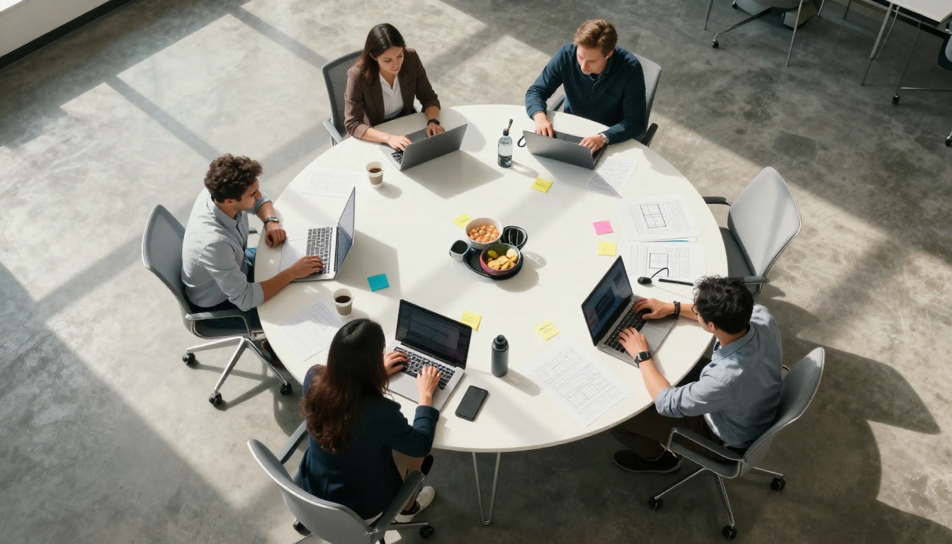 Aerial overhead view of four developers collaborating around a round table with laptops and wireframe printouts