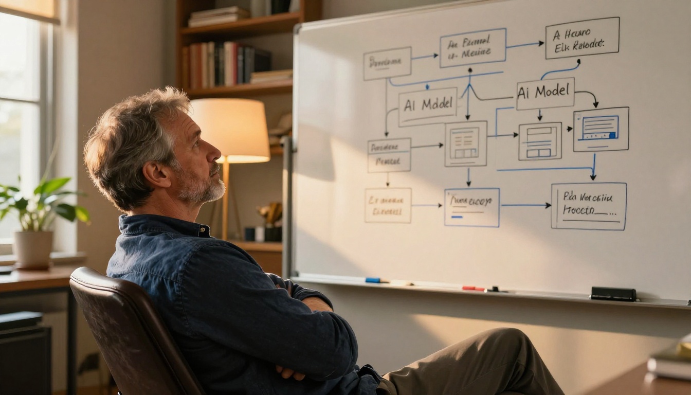Senior developer reviewing whiteboard architecture diagram in warm golden hour office lighting