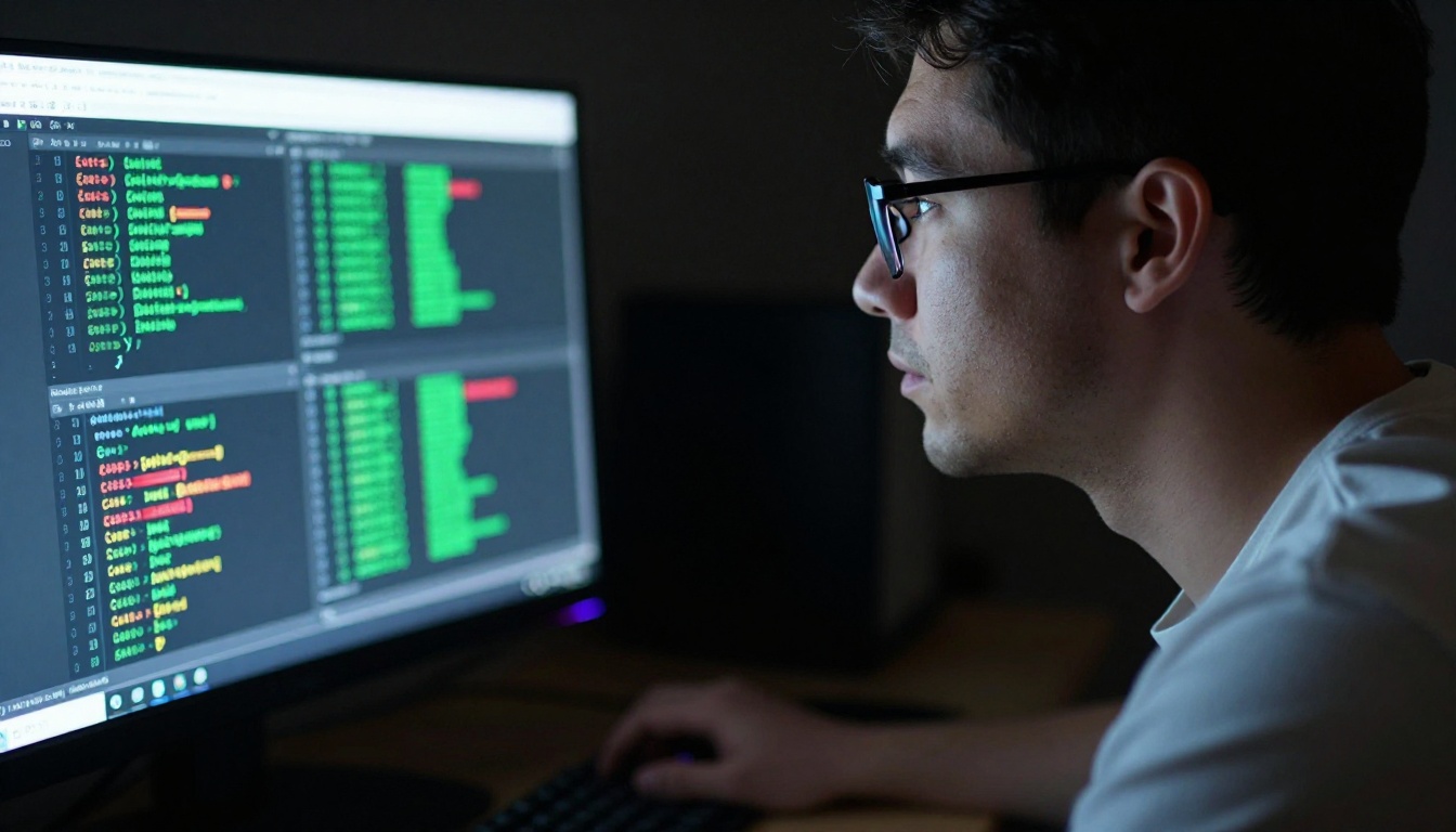 Developer side profile in dramatic monitor light reviewing code diff on screen