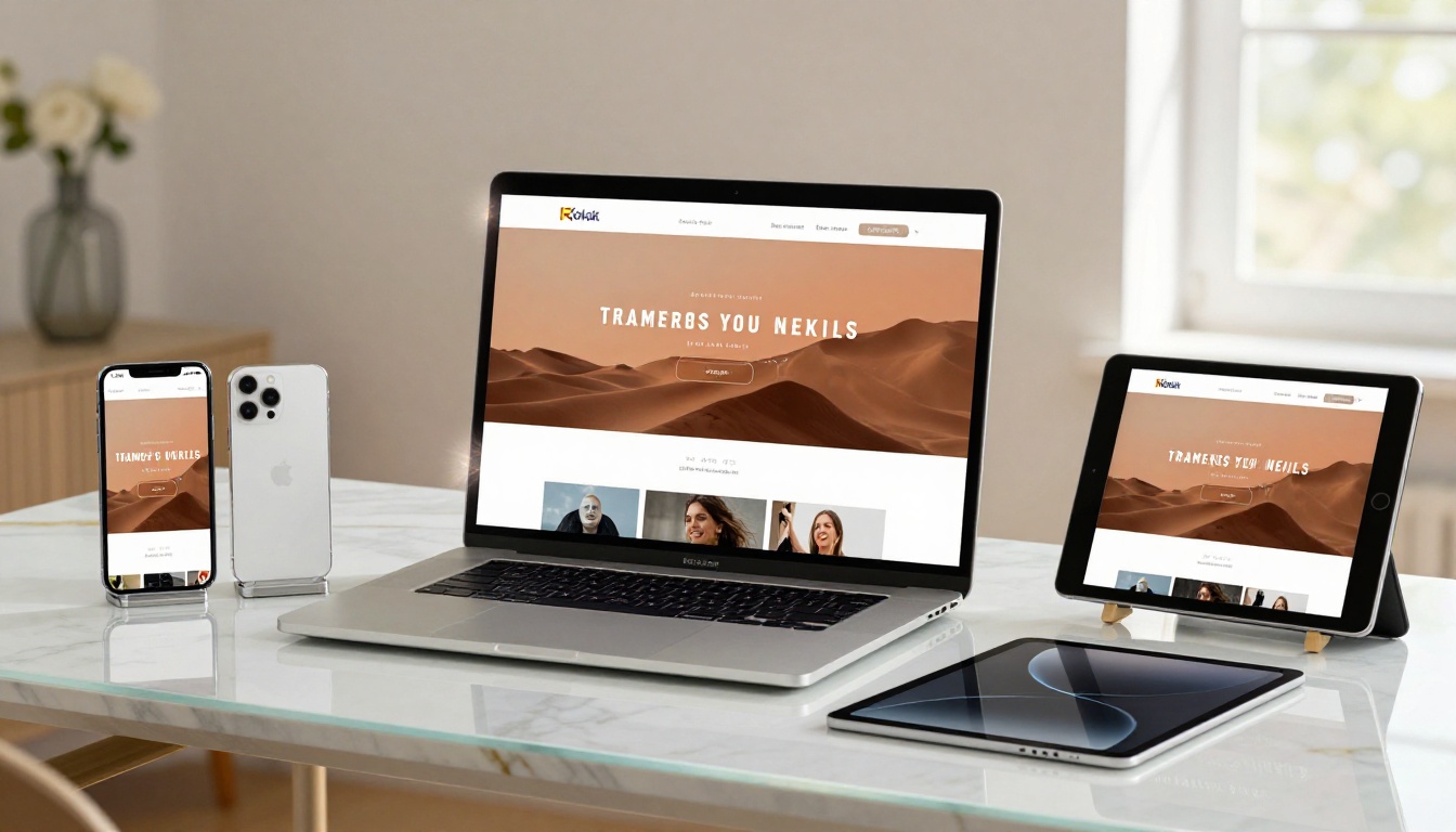 Polished website displayed simultaneously on MacBook, iPhone, and iPad on marble desk with flowers