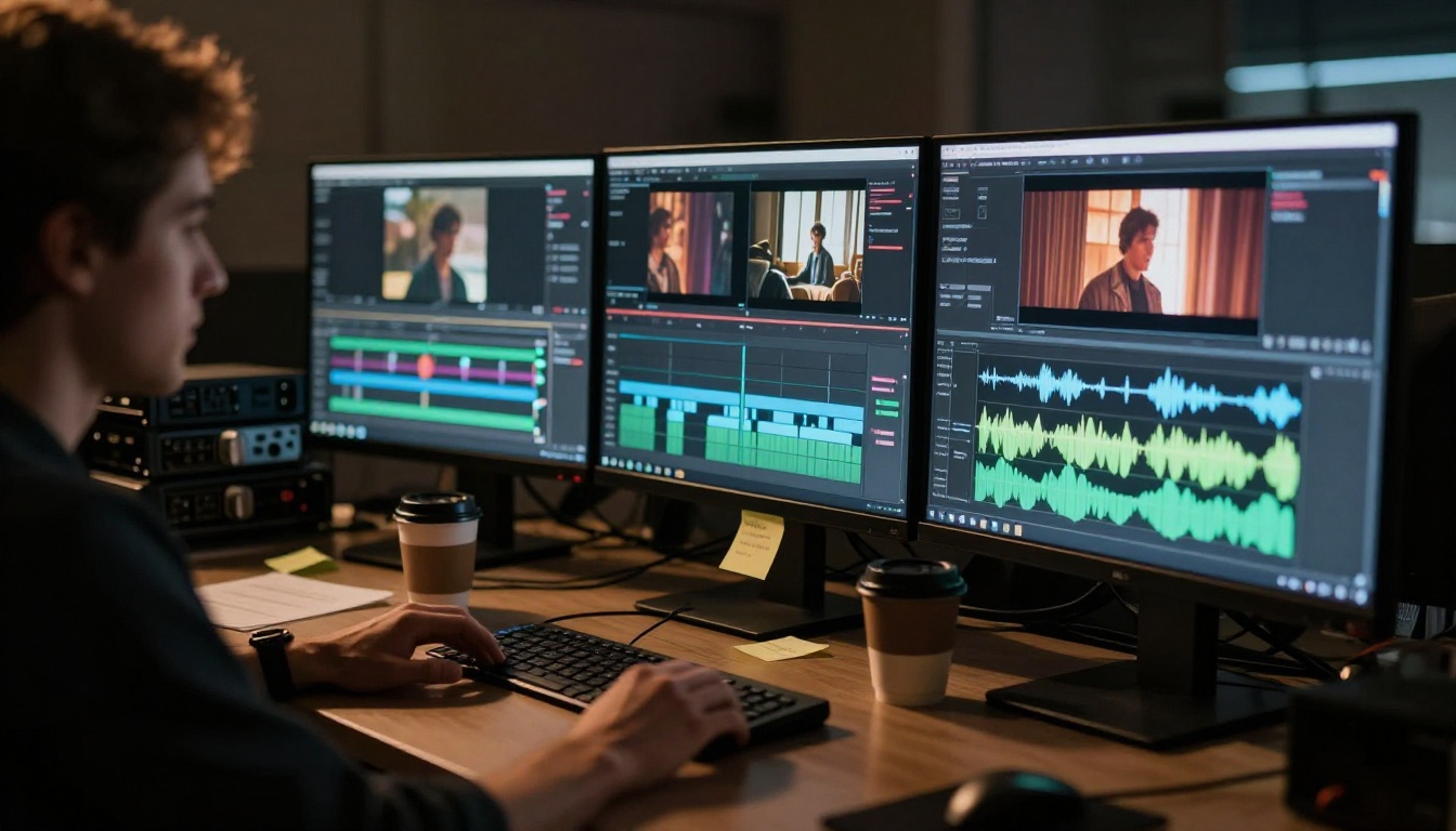 Film editing bay with color grading monitors and editor silhouetted in screen glow