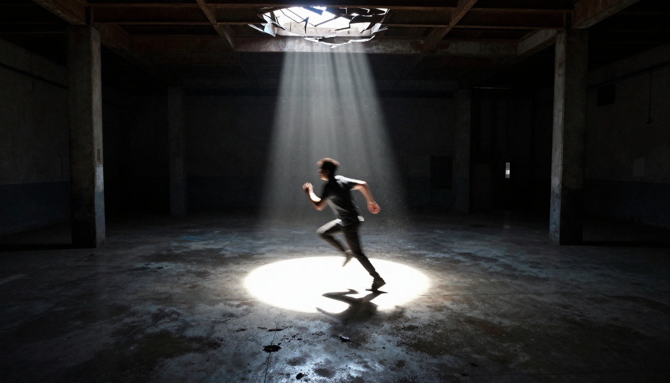 Lone figure sprinting through dark warehouse with dramatic shaft of moonlight from skylight