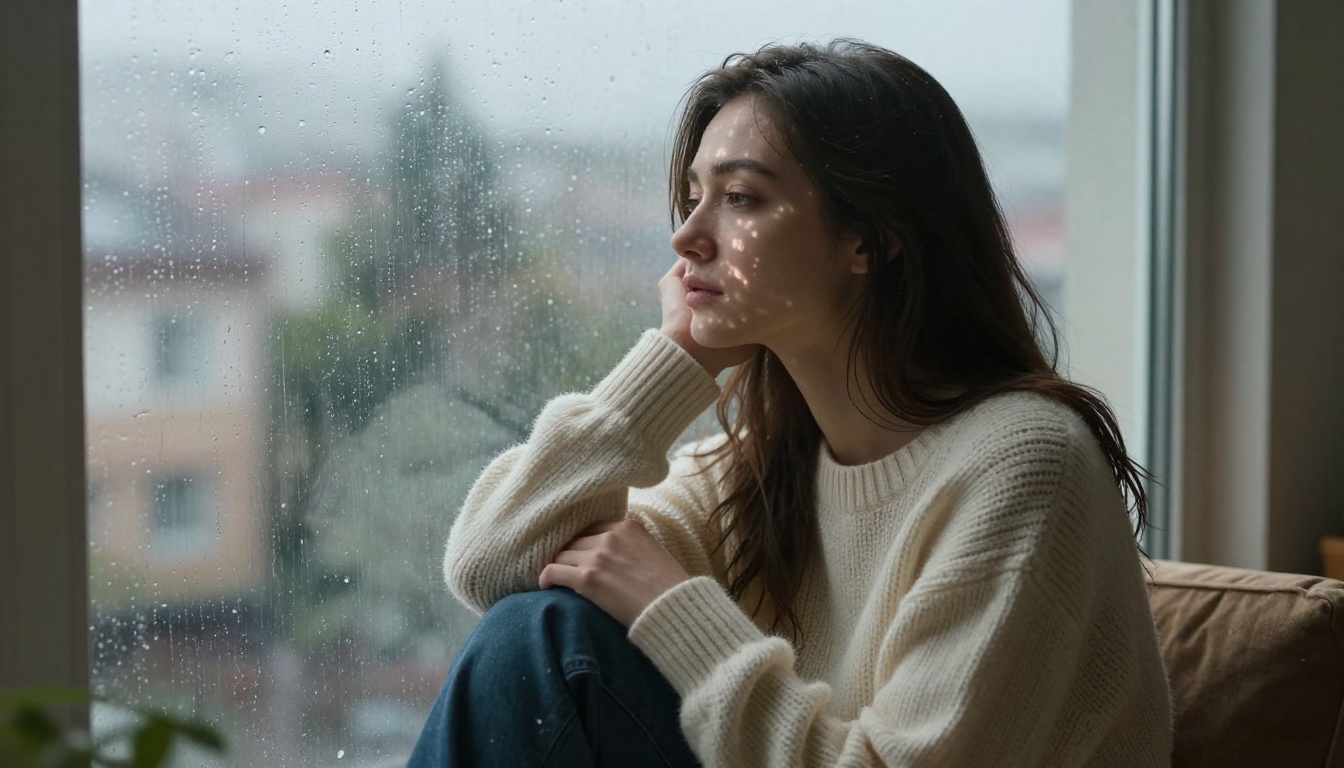 Beautiful woman by rain-streaked apartment window with soft water-shadow light on face