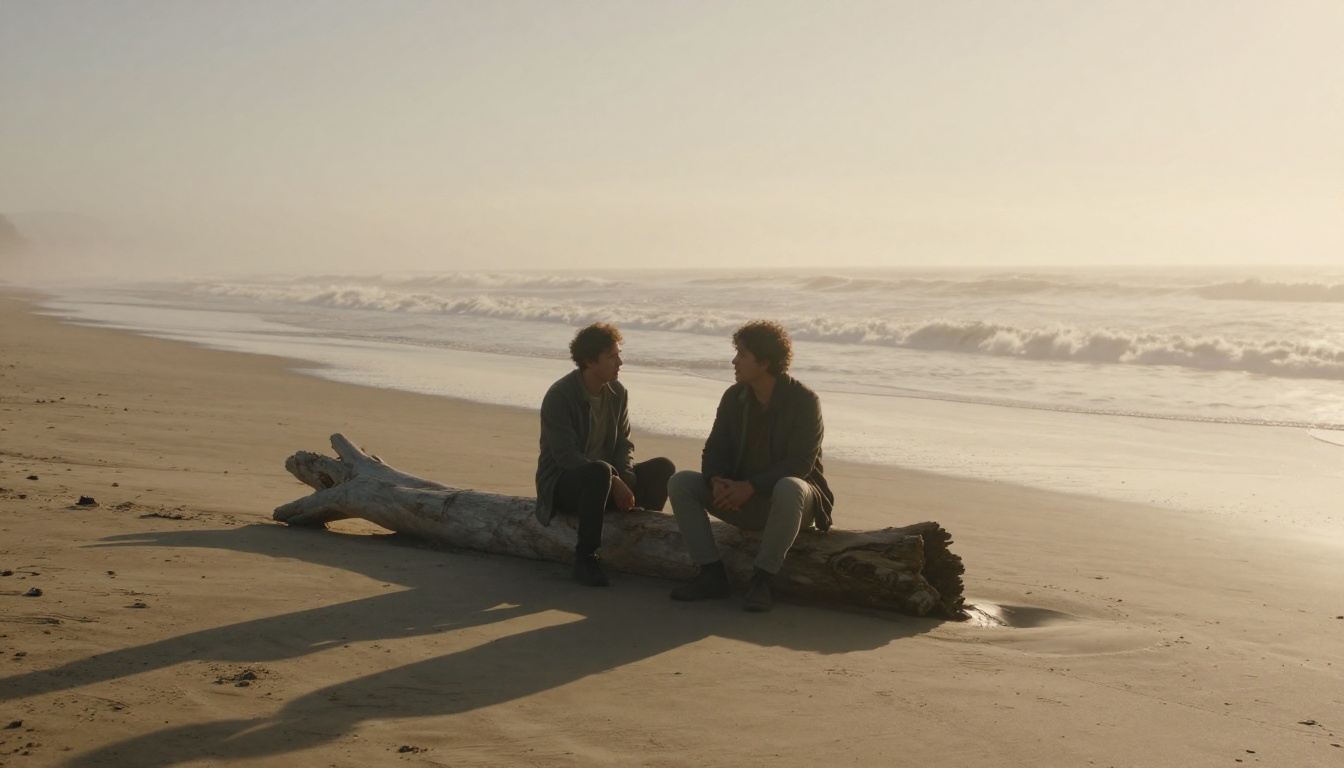 Film director and actor in conversation on deserted beach at sunrise with long morning shadows