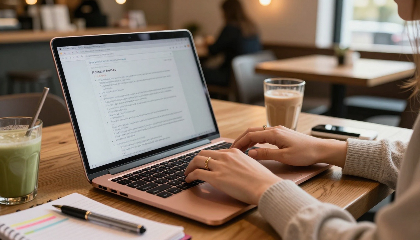 Young woman typing at cafe with AI writing assistant on rose gold laptop